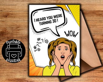 Printable Funny 30th Birthday card, digital download, print at home greeting card