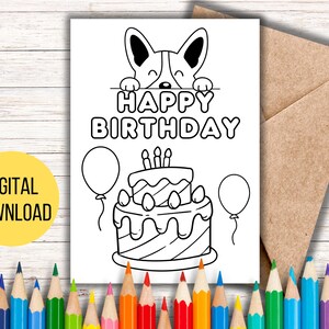 Geburtstagskuchen Färbung Karte, DIY Karten für Kinder, alles Gute zum Geburtstag Färbung Karte, druckbare, herunterladbare Karte