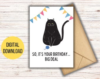 Tarjeta de cumpleaños de gato grosero imprimible, tarjeta digital, imprimir en casa