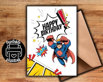 Superhero birthday card for kids, Printable greeting card, Digital birthday card, Print at home