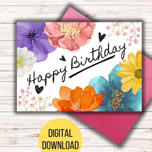 Cartão de aniversário floral em aquarela para impressão, impressão em casa, cartão digital