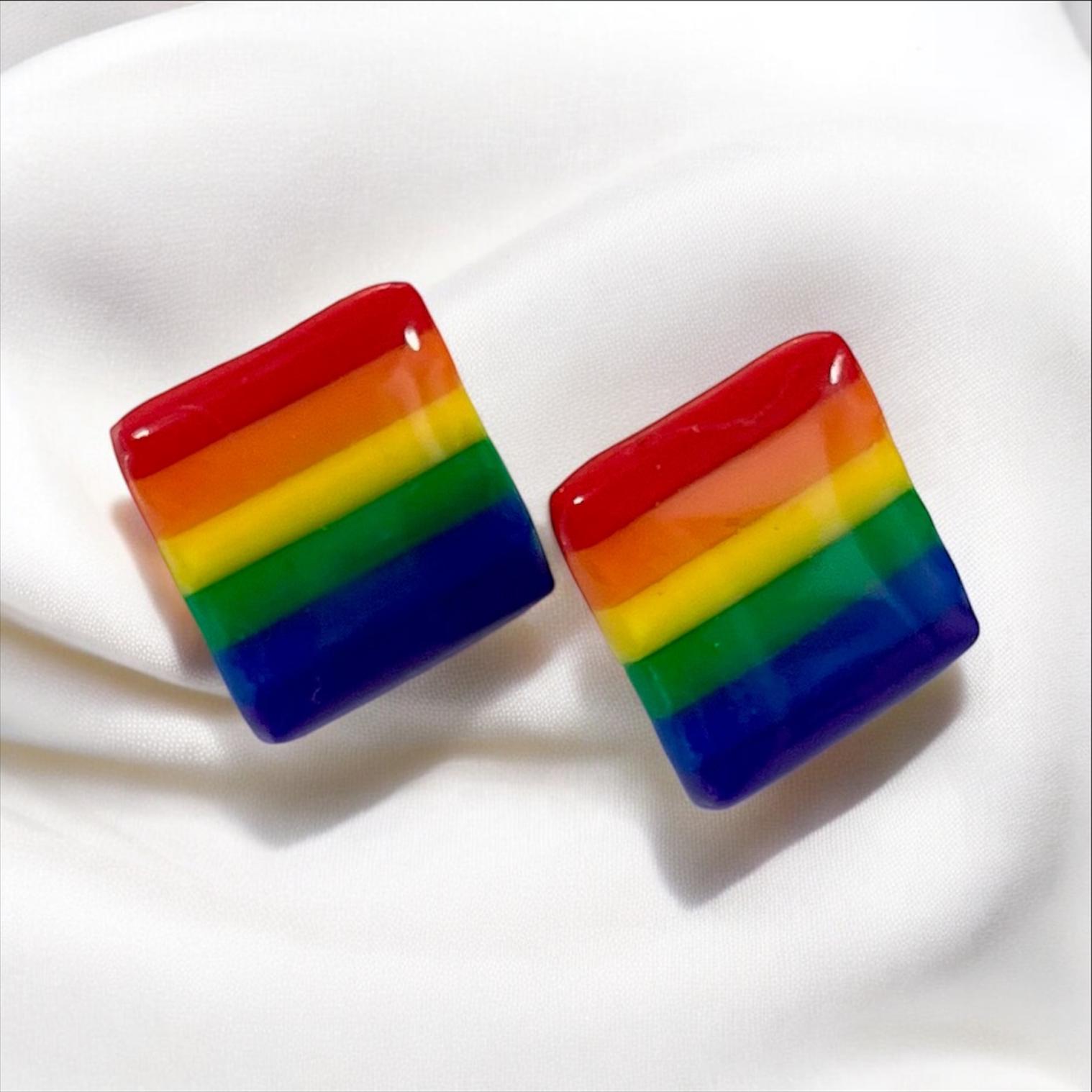 Rainbow Square Stud Earrings, Polymer Clay Striped Earrings, Colorful Geometric Studs, Pride Jewelry, Minimalist Rainbow Gift