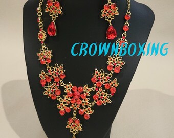 Conjunto de collar y pendientes de cristal rojo, conjunto de joyería nupcial, accesorios de boda, conjunto de joyería barroca, tocado de novia, collar para fiestas