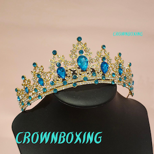 Blue gold Tiara Crown Wedding Hair piece Hair Accessories for Bride Bridal Headpiece Crystal Crown Queen Birthday Christmas Gift