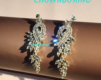 Gold leaf Huggie,gold tear drop wedding earrings, Crystal Rhinestone Bridal Jewelry Set, hoops with charm, gold Plated leaf jewelry birthday