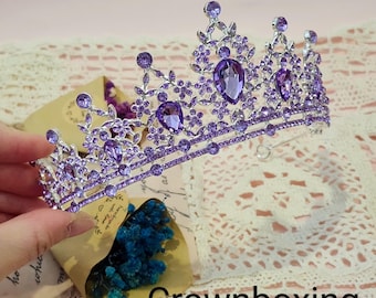 Tiara nupcial de cristal púrpura, tocado de boda, corona de diamantes de imitación, joyería nupcial majestuosa.