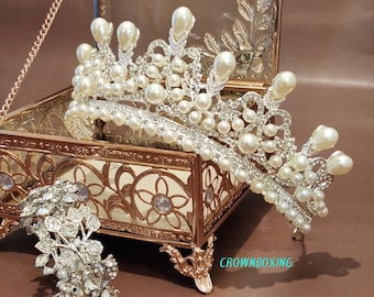 Pearl Tiara Crown And Bracelet Jewelry set for Bride Wedding Crystal Rhinestone Headwear Pageant diadem birthday Anniversary Gift