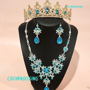 Gold blue Tiara Wedding jewelry Set luxury Crystal Crown Necklace Earrings Set Prom Party Headpiece Christmas Gift Birthday Tiara Crown