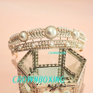 Gold Tiara with pearl,gold pearl Crown, Wedding crown,bridal Tiara, floral flower girl Crown, Birthday Crown Crystal Queen Tiara quinceanera
