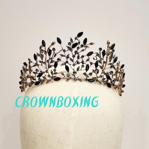 Diadème de feuille noire, couronne de reine de mariage en cristal baroque, bijoux de cheveux de fantaisie bandeau de mariée, bijoux gothiques de fête d&#39;anniversaire