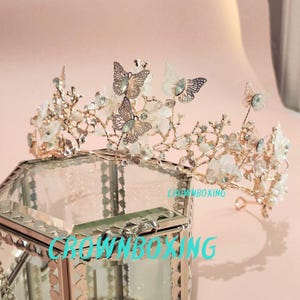 Pink butterfly bridal Tiara Floral Wedding Tiara Flower bridal Crown, Floral pearl wedding crown,Rose Gold pearl Tiara Floral Headband