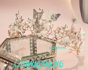 Pink butterfly bridal Tiara Floral Wedding Tiara Flower bridal Crown, Floral pearl wedding crown,Rose Gold pearl Tiara Floral Headband