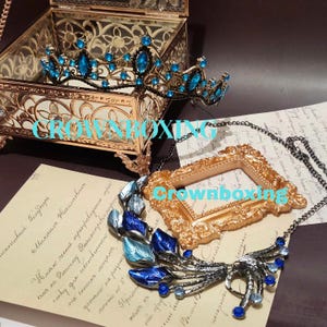Vintage blue Tiara Crown Set with Necklace Earrings For Bride Rhinestone Queen Crown Party decorations wedding accessories Birthday gift