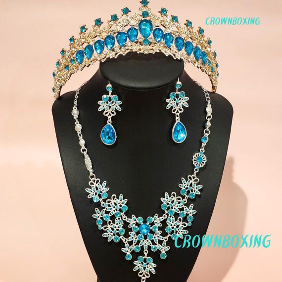 Blue crystal tiara set with jewelry set necklace and earrings gift Bridal Jewelry Set With Tiara Necklace Earrings Wedding  main image 3