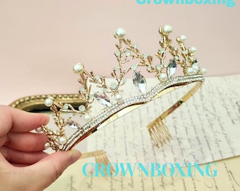 Elegant pearl and Crystal Bridal Tiara Floral For Wedding Bride And Quinceanera Special Occasion Wedding Headpiece Gold Tiara Birthday
