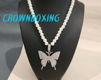 Collar con colgante de mariposa, joyas de tenis llamativas con perlas, collar de boda, conjunto de joyas barrocas vintage para novia, fiesta romántica