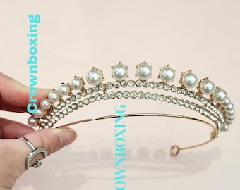 Pearl Sparkle Crystal Tiara, Luxury Wedding Crown, Gold Quinceanera Headpiece