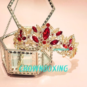 Vintage red baroque Rhinestone Princess Tiara, gold red Bride Crown, Wedding queen birthday Gift, quinceanera tiara, Cosplay, Costume