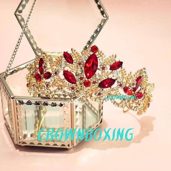 Vintage Red and Gold Crystal Tiara Crown Baroque Vintage Gold Crystal Tiara, Wedding Gemstone Red  main image 2