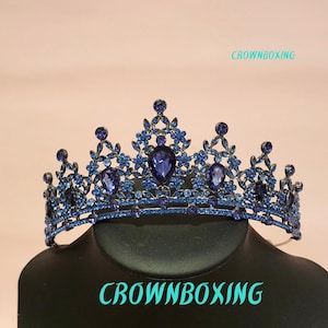 Vintage blue Wedding Crown Tiara Floral Rhinestone Queen Tiara for Bride Crystal Headpiece Bridal Pageant Prom Birthday Gift Christmas