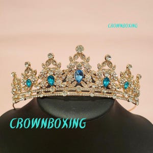 Blue gold Vintage Bride Tiara Crown rhinestone Headwear Bridal Headpiece Crystal Wedding Hair Accessories luxury Prom Pageant Birthday