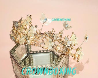 Gold butterfly bridal Crown, Crystal Tiara, Bridal Crown for Wedding, Princess Tiara, Floral pearl Tiara, Rhinestone vintage tiara, Bridal