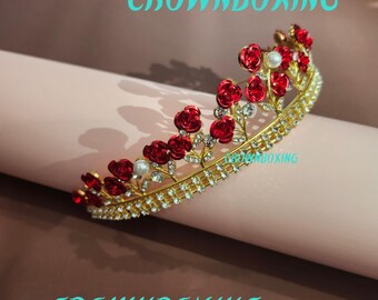 Red Rose Crystal Wedding Tiara: Handmade Rhinestone Bridal  display picture 2
