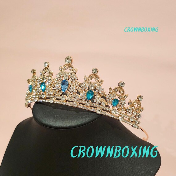 Blue Gold Vintage Bride Tiara Crown Rhinestone Headwear  display picture 3