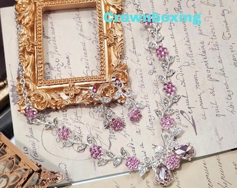 Pink Floral Crystal Jewelry Set, Bridal Bridesmaid Necklace Earrings