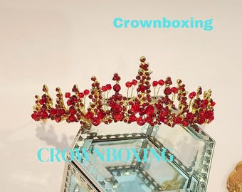 Röd och guldfärgad brudtiara, vackra juveler, tiara, kronor, balprinsesstiaror, bröllopshuvudbonad, quinceanera-håraccessoarer, prinsessa