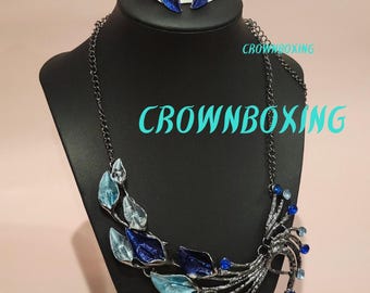 Vintage blue leaf Jewelry set, Wedding Crystal Jewelry set, Rhinestone Bridal Jewelry Set Princess Earrings Necklace bridesmaid gift