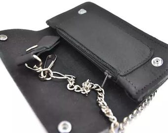 Cartera de motociclista para hombre, Cartera de piel con cadena, Cartera de motociclista con cadena, Cartera personalizada con cadena, Cartera de piel con cadena para hombre Negra