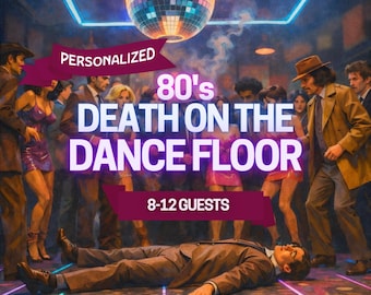 Juego de misterio de asesinato personalizado / 8-12 adultos / Tema de los 80 / Impresión / Descarga digital / Juego para cenas