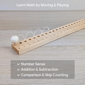 Peut inclure: Une planche à compter en bois clair avec des trous numérotés de zéro à vingt. Une bille blanche est placée dans le premier trou. Le texte sur l'image indique : Learn Math by Moving & Playing, Number Sense, Addition & Subtraction, Comparison & Skip Counting.