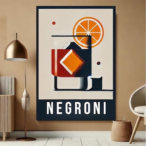 Wydruk koktajlu Negroni, plakat koktajlu Negroni, sztuka ścienna do baru, klasyczne wydruki artystyczne na wózek barowy, wydruk koktajlu retro, prezent na parapetówkę