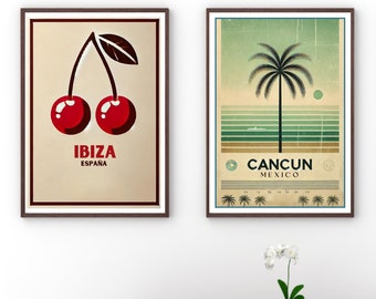 Set of 2 Cancun & Ibiza Poster, Cancun Travel Print, Ibiza Travel Print, Minimalist Travel Print, A0/A1/A2, Digital Print, Wall Decor