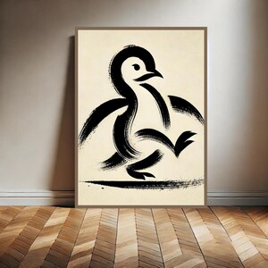 May include: Black and white abstract painting of a penguin on a cream background.
