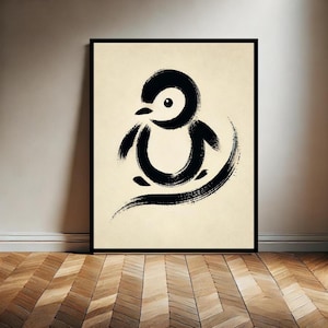 Puede incluir: Una ilustración minimalista en blanco y negro de un pingüino, dibujada en un estilo de pincelada, sobre un fondo crema.