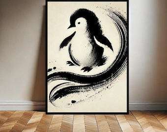 Korichan Penguin, Japanese Penguin, Vintage Penguin Woodblock Poster, Penguin Print, Japanese Penguin Printable Wall Art, Digital Download