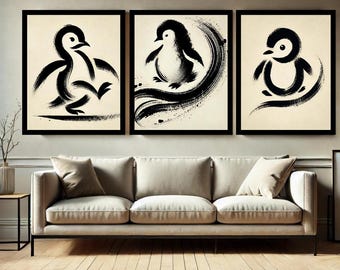 Japanese Penguin Set of 3, Vintage Penguin Woodblock Poster, Penguin Print, Japanese Penguin Printable Wall Art, Digital Download, Gift