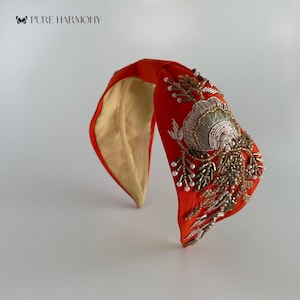 Handmade Orange Headband With Gold Beads & Pearls  display picture 1