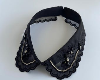 Elegant Black Detachable Collar with Rhinestones & Floral Embroidery | Statement Peter Pan Collar | Chic Fashion Accessory | Gift for Her
