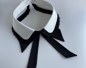 Removable White Collar with Black Bow | Pleated Fabric Detachable Collar for Women | Vintage Lolita Statement Neck Accessory | Gift for Her
