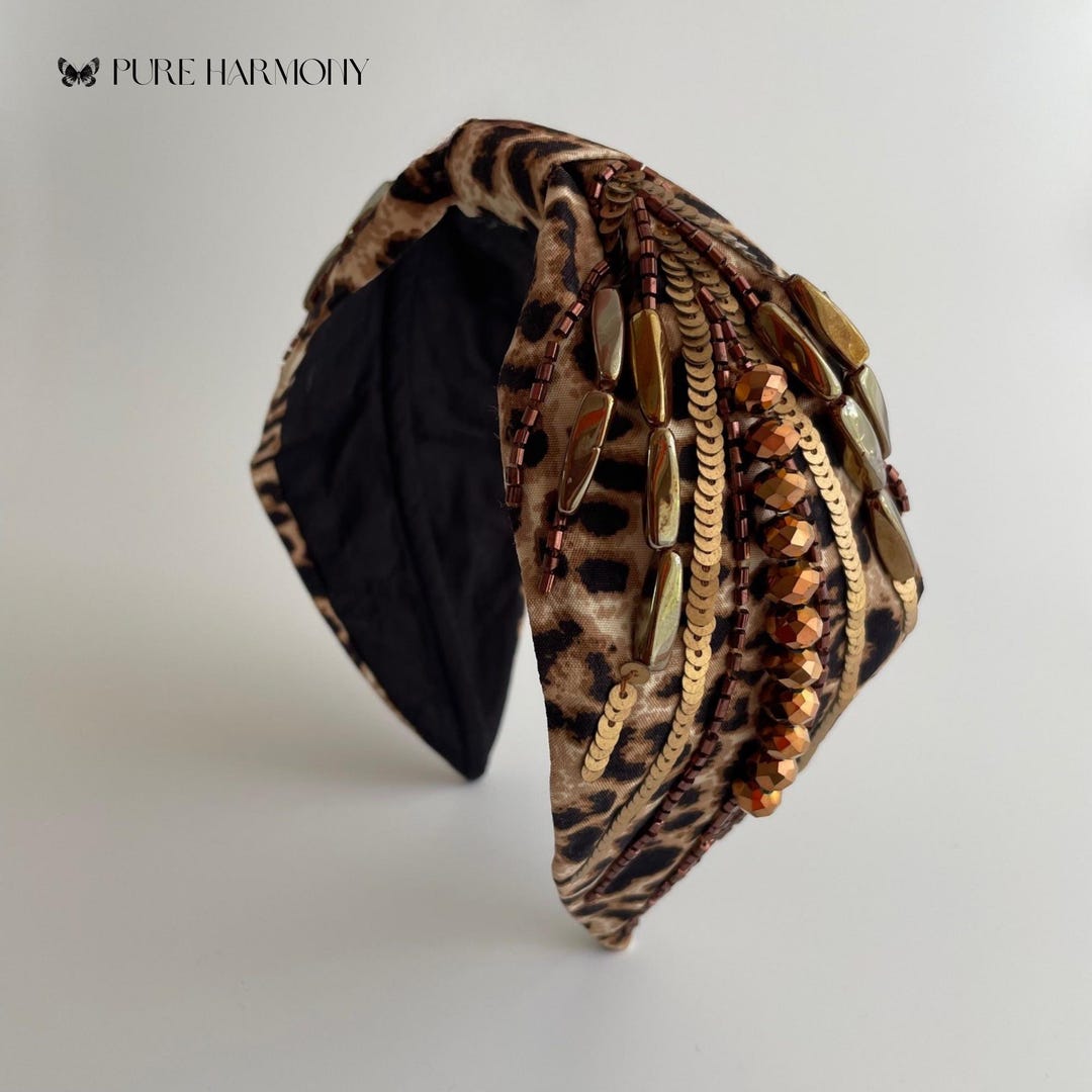 Leopard print headband with gold Printed Tori Headband -- Leopard Print – Jennifer Behr LLC main image 2