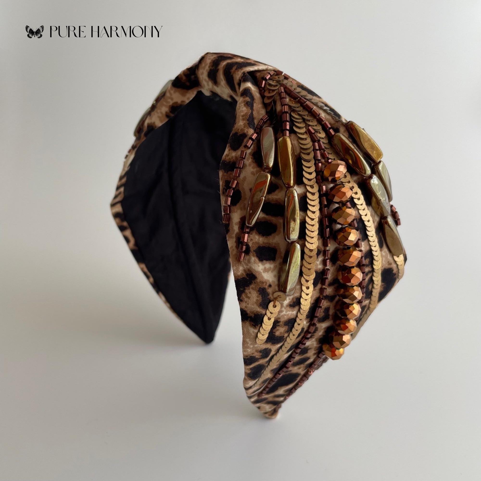 Handmade Upcycled Celine Leopard Print Headband with Gold Chain Accent Headband - Felt & metal, beige, brown, black & golden  main image 3