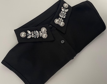 Detachable Collar with Rhinestones and Pearls | Black Collar Dickey | Elegant Women's Fashion Accessory | Gift for Her