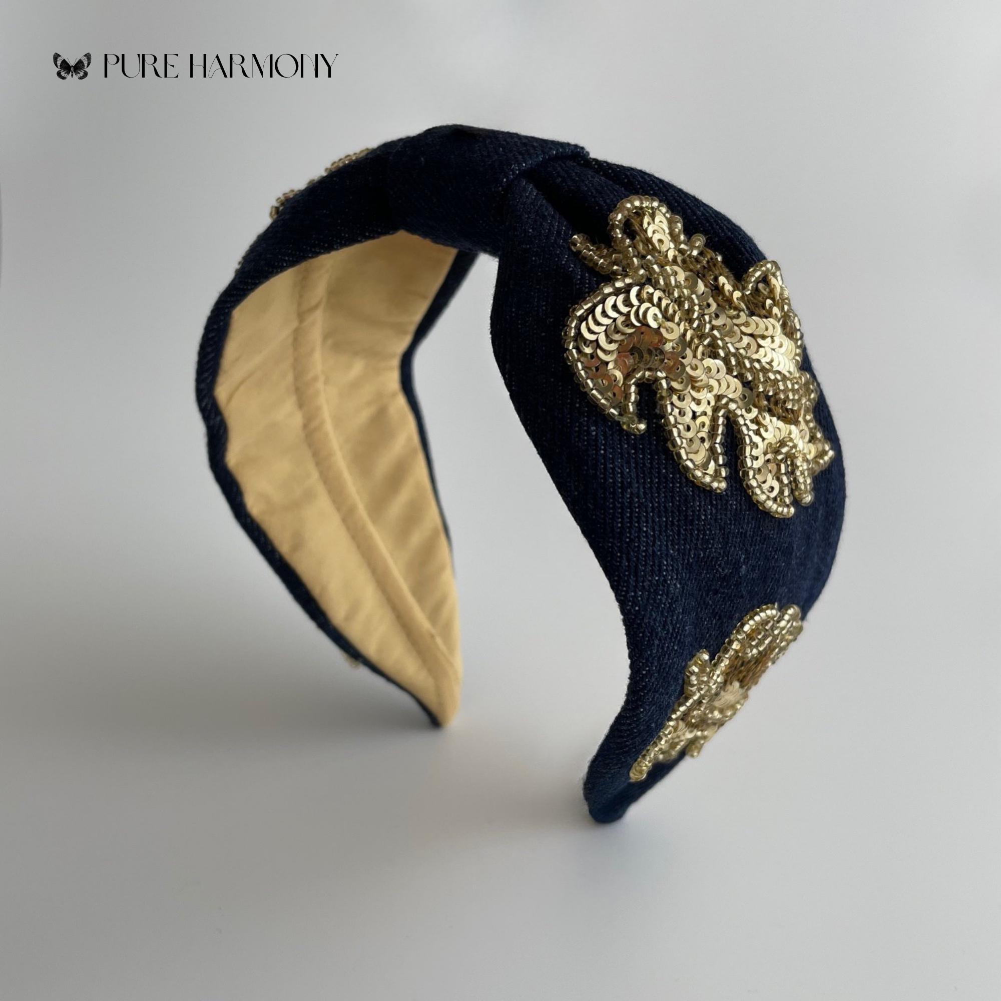 Light Blue Denim Headband with Gold Emblem New Women main image 2