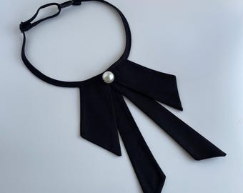 Adjustable Black Ribbon Bow Tie Necklace with Pearl | Clip-On Gothic Lolita Choker | Elegant Vintage Neck Accessory for Women | Gift for Her