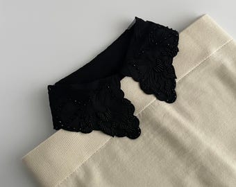 Embroidered Lace Detachable Collar | Tulle Panels & Beaded Black Collar Dickey | Elegant Women's Fashion Accessory | Gift for Her