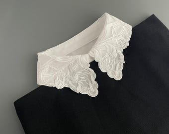 Embroidered Lace Detachable Collar | Tulle Panels & Beaded White Collar Dickey | Elegant Women's Fashion Accessory | Gift for Her